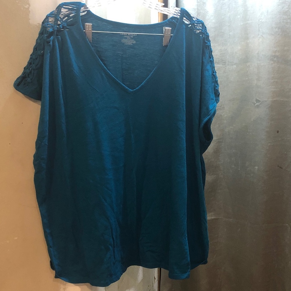 Lane Bryant Teal V-Neck Tunic with Crochet Shoulder